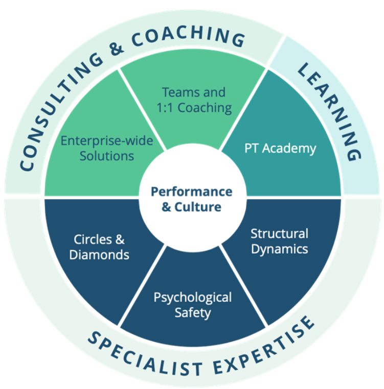 A circular diagram illustrating the relationship between consulting, coaching, learning, and specialist expertise focused on performance and culture, featuring segments like enterprise-wide solutions, teams and one-on-one coaching, PT Academy, and psychological safety.